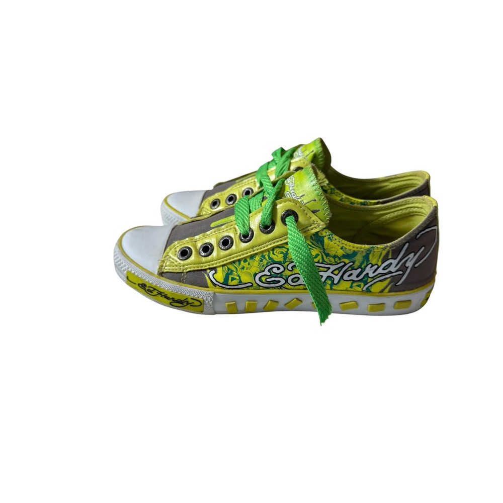 Ed Hardy Womens Low Top Tattoo Graphic Sneakers Lime Green Grey Y2K Size 6